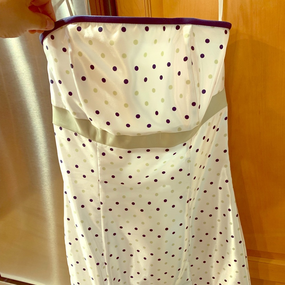 Strapless navy and green polka dot dress